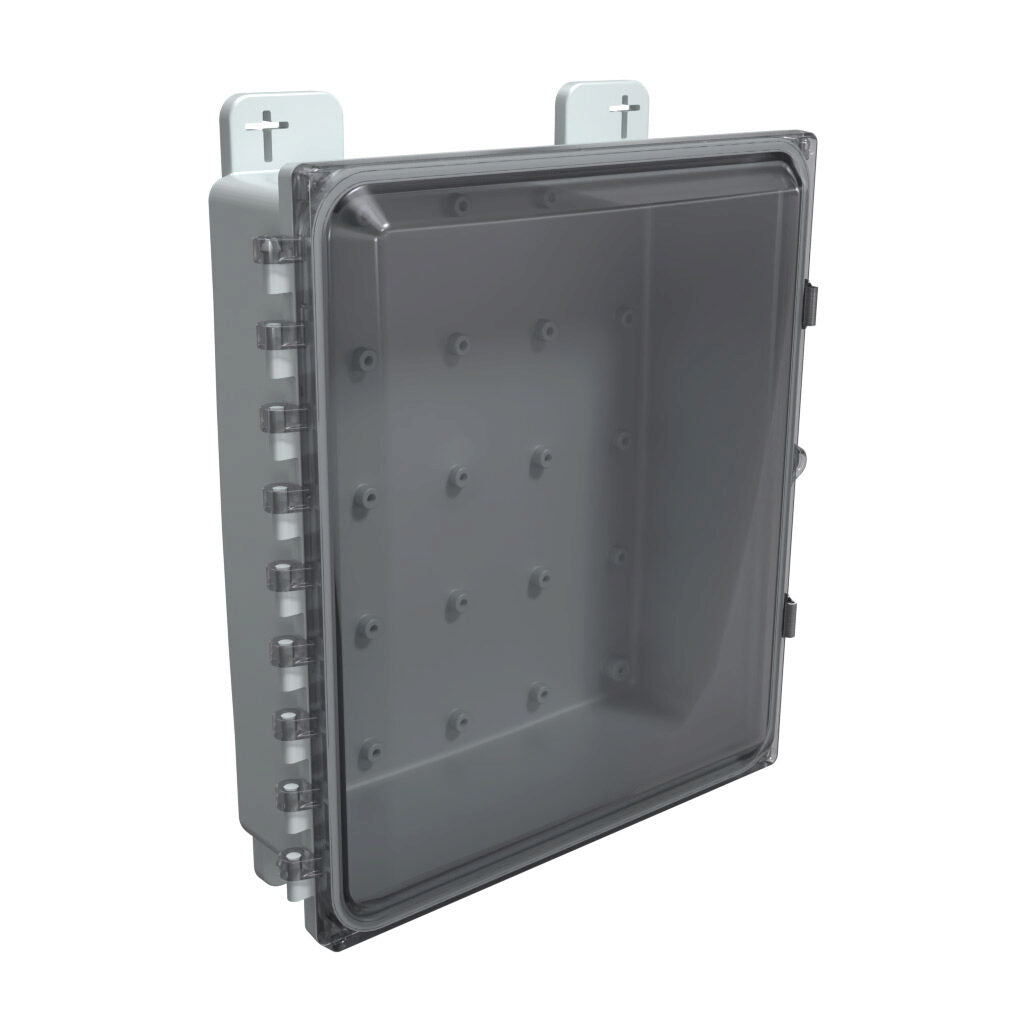 AttaBox Heartland SL series enclosure, NEMA 1/3R/4/4X/12, 14 x 12 x 4in (HxWxD), wall mount, polycarbonate, Pantone 7541 C light gray, smoked polycarbonate single-door, stainless steel quick-release latch.-AH14124CSS