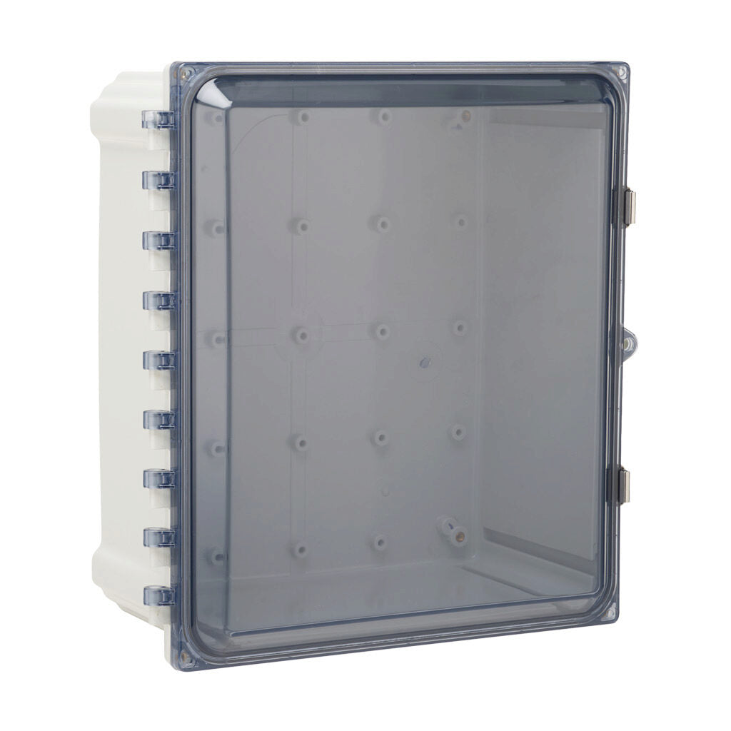 AttaBox Heartland series enclosure, NEMA 1/3R/4/4X/12, 14 x 12 x 6in (HxWxD), wall mount, polycarbonate, Pantone 7541 C light gray, smoked polycarbonate single-door, stainless steel quick-release latch.-AH14126CSS