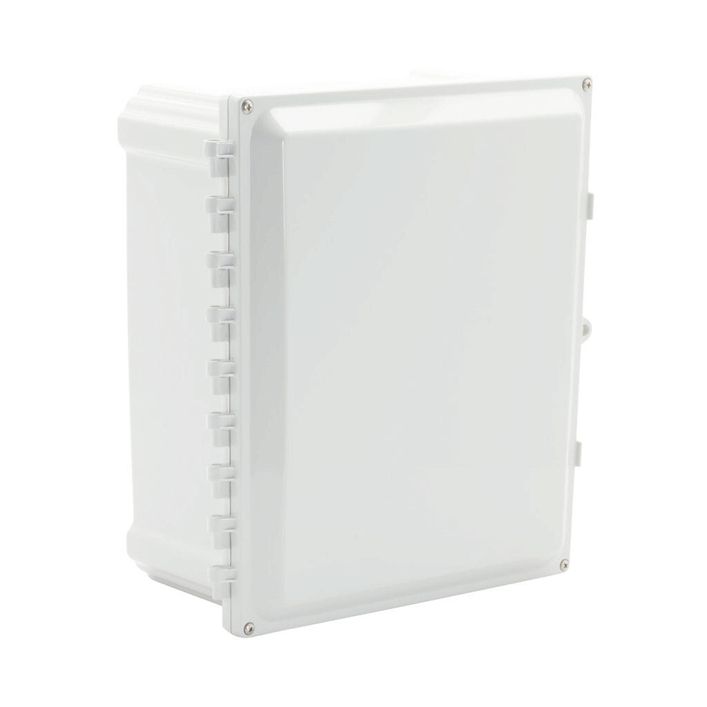 AttaBox Heartland series enclosure, NEMA 1/3R/4/4X/6P/12, 15 x 13 x 6in (HxWxD), wall mount, polycarbonate, Pantone 7541 C light gray, hinged screw cover.-AH14126HW