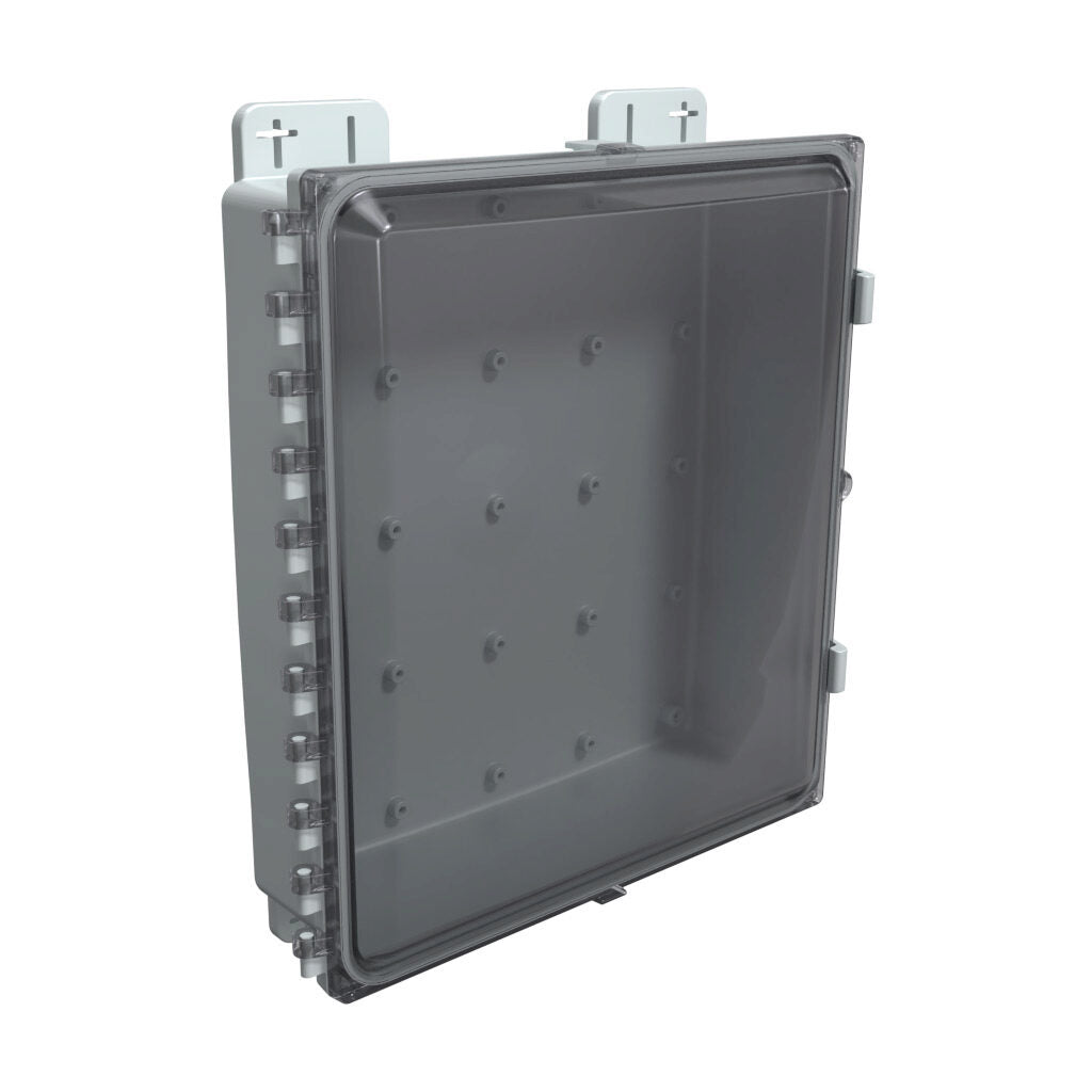 AttaBox Heartland SL series enclosure, NEMA 1/3R/4/4X/12, 16 x 14 x 4in (HxWxD), wall mount, polycarbonate, Pantone 7541 C light gray, smoked polycarbonate single-door, polycarbonate quick-release latch.-AH16144C