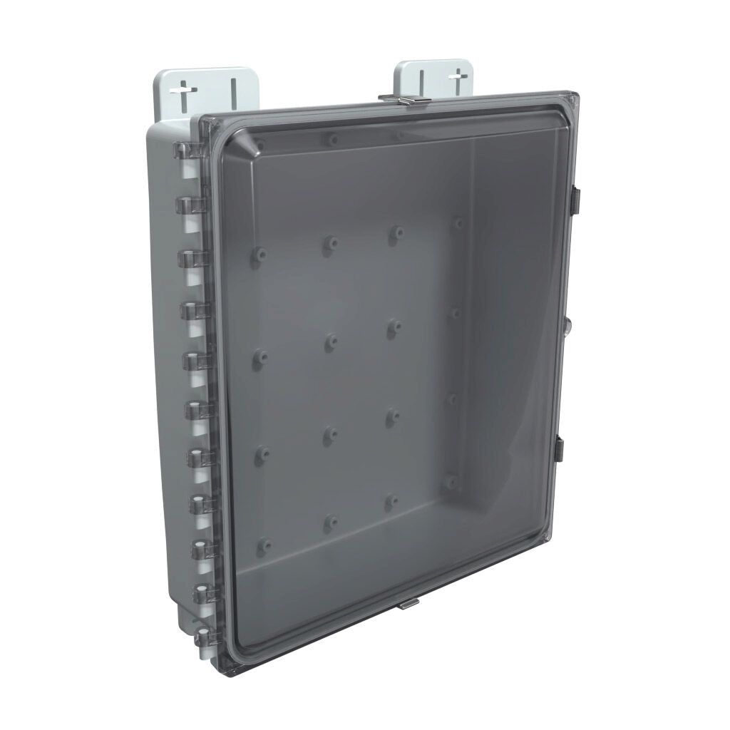 AttaBox Heartland SL series enclosure, NEMA 1/3R/4/4X/12, 16 x 14 x 4in (HxWxD), wall mount, polycarbonate, Pantone 7541 C light gray, smoked polycarbonate single-door, stainless steel quick-release latch.-AH16144CSS