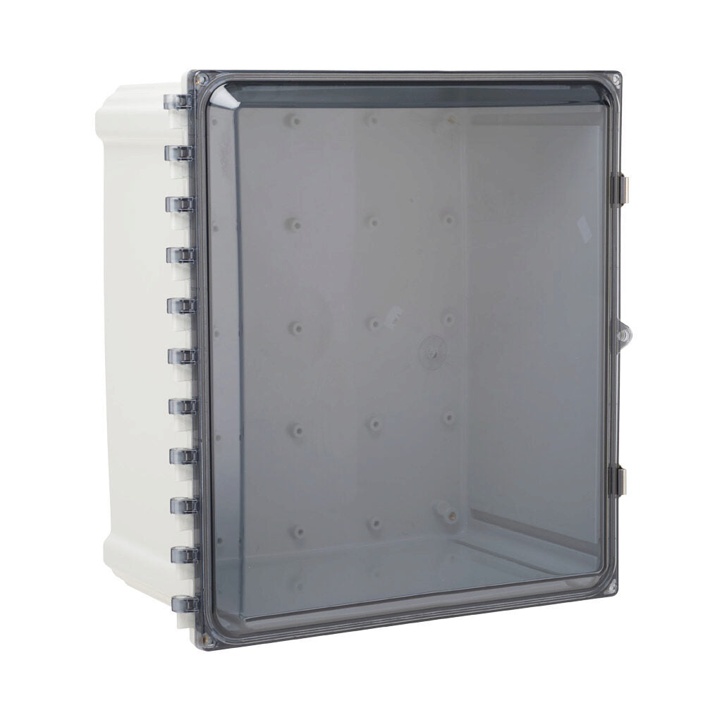 AttaBox Heartland series enclosure, NEMA 1/3R/4/4X/12, 16 x 14 x 8in (HxWxD), wall mount, polycarbonate, Pantone 7541 C light gray, smoked polycarbonate single-door, stainless steel quick-release latch.-AH16148CSS