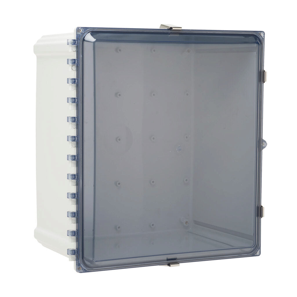AttaBox Heartland series enclosure, NEMA 1/3R/4/4X/12, 18 x 16 x 10in (HxWxD), wall mount, polycarbonate, Pantone 7541 C light gray, smoked polycarbonate single-door, stainless steel quick-release latch.-AH181610CSS