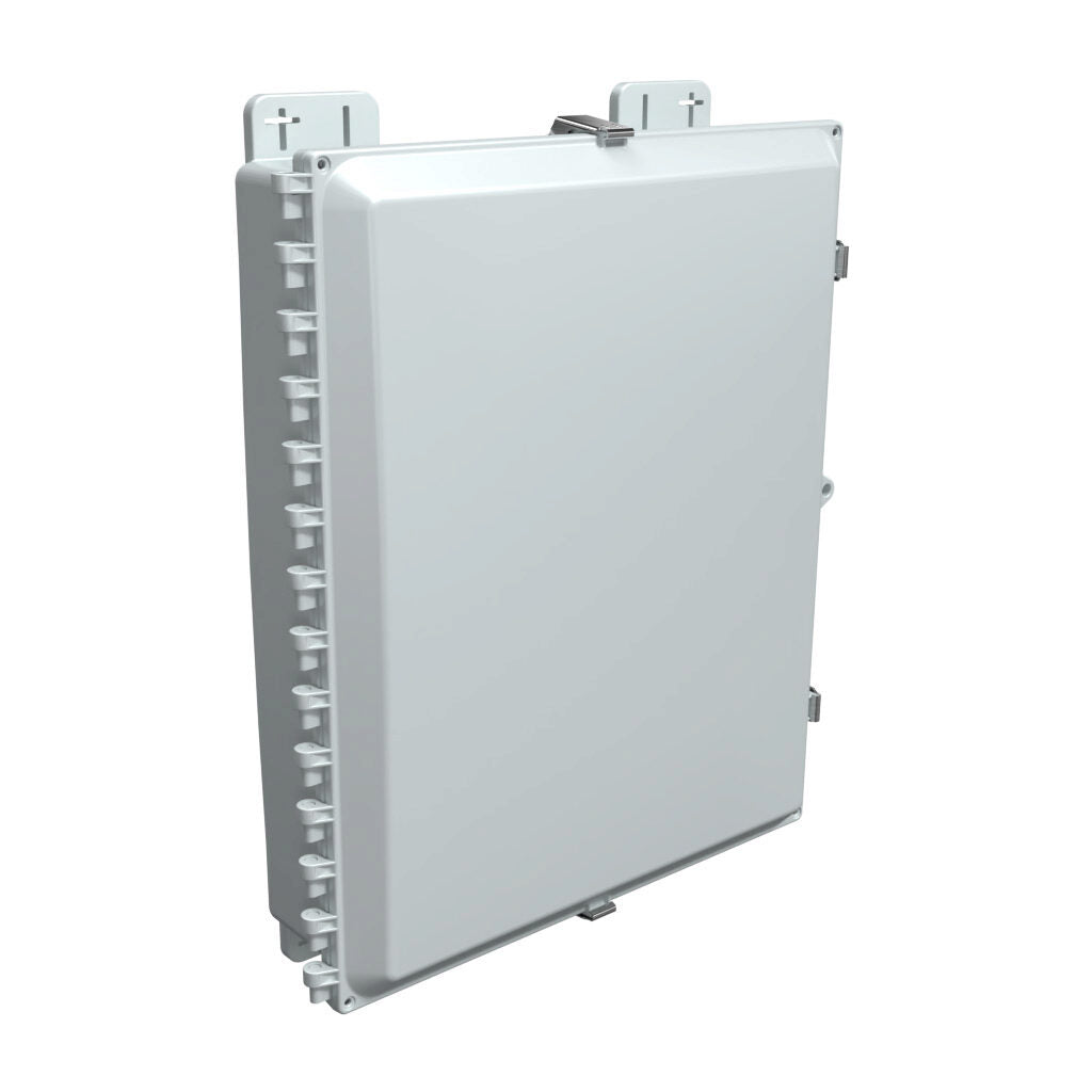 AttaBox Heartland SL series enclosure, NEMA 1/3R/4/4X/12, 20 x 16 x 4in (HxWxD), wall mount, polycarbonate, Pantone 7541 C light gray, single-door, stainless steel quick-release latch.-AH20164SS