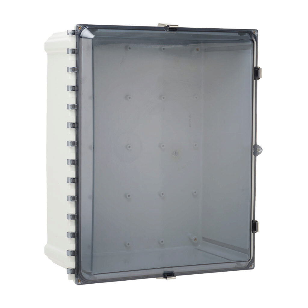 AttaBox Heartland series enclosure, NEMA 1/3R/4/4X/12, 20 x 16 x 8in (HxWxD), wall mount, polycarbonate, Pantone 7541 C light gray, smoked polycarbonate single-door, stainless steel quick-release latch.-AH20168CSS
