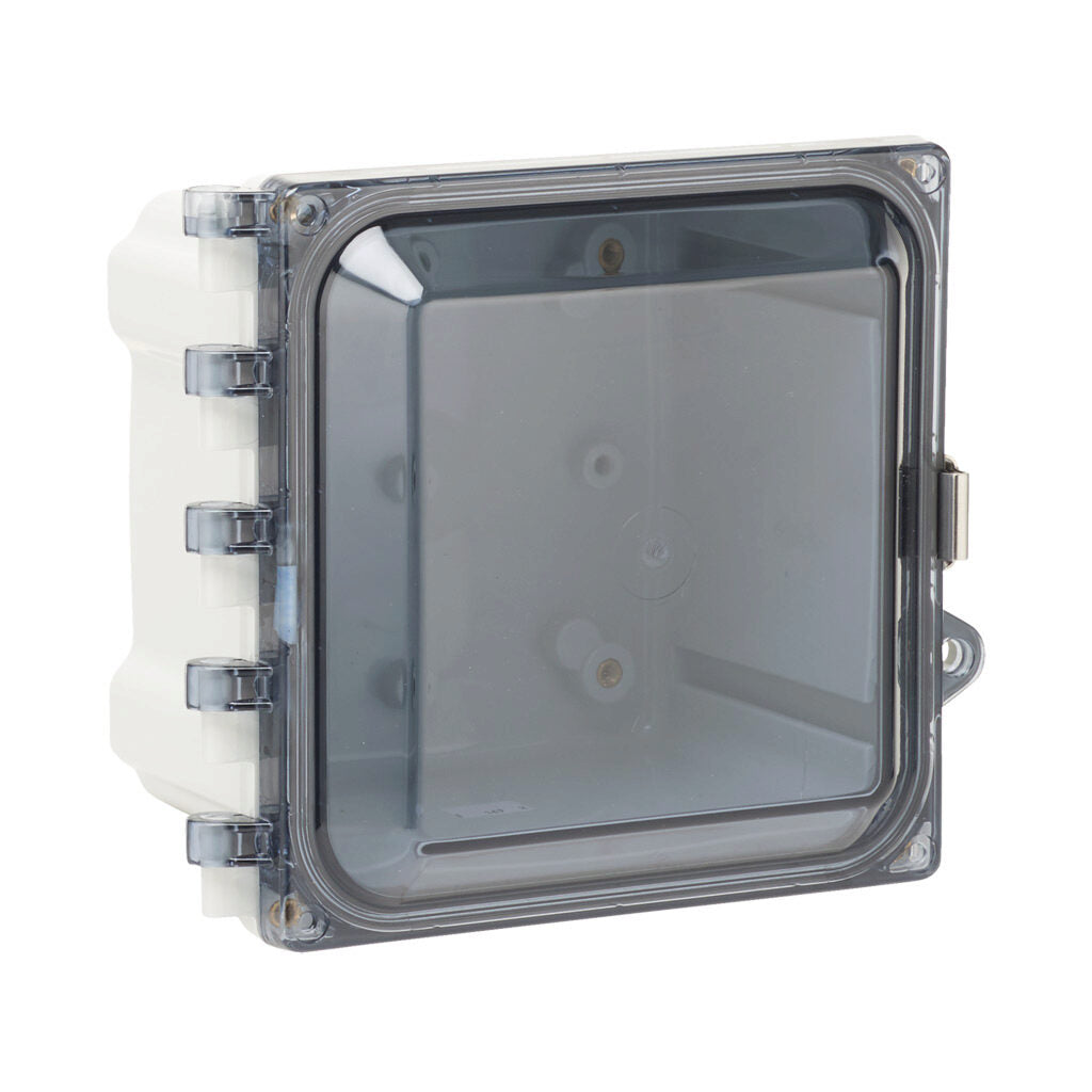 AttaBox Heartland series enclosure, NEMA 1/3R/4/4X/12, 6 x 6 x 4in (HxWxD), wall mount, polycarbonate, Pantone 7541 C light gray, smoked polycarbonate single-door, stainless steel quick-release latch.-AH664CSS