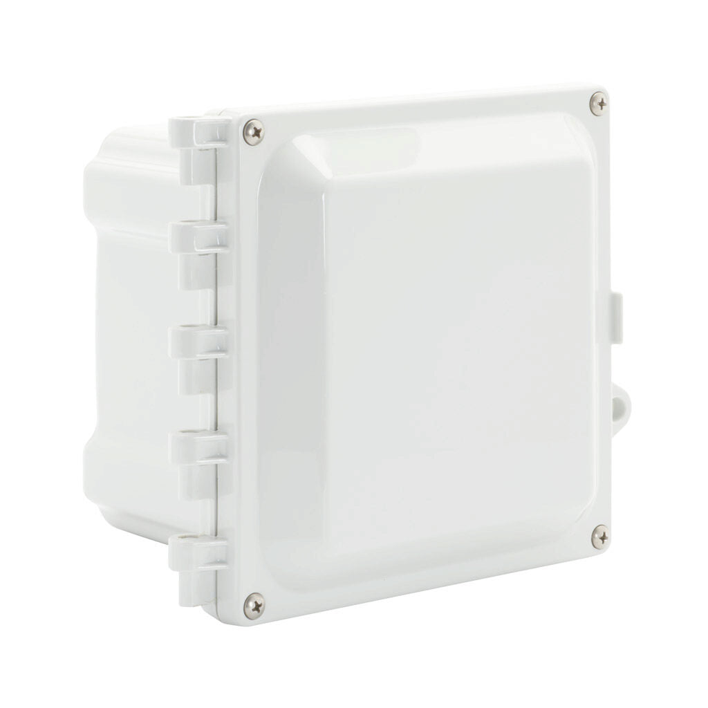 AttaBox Heartland series enclosure, NEMA 1/3R/4/4X/6P/12, 6 x 6 x 4in (HxWxD), wall mount, polycarbonate, Pantone 7541 C light gray, hinged screw cover.-AH664HW