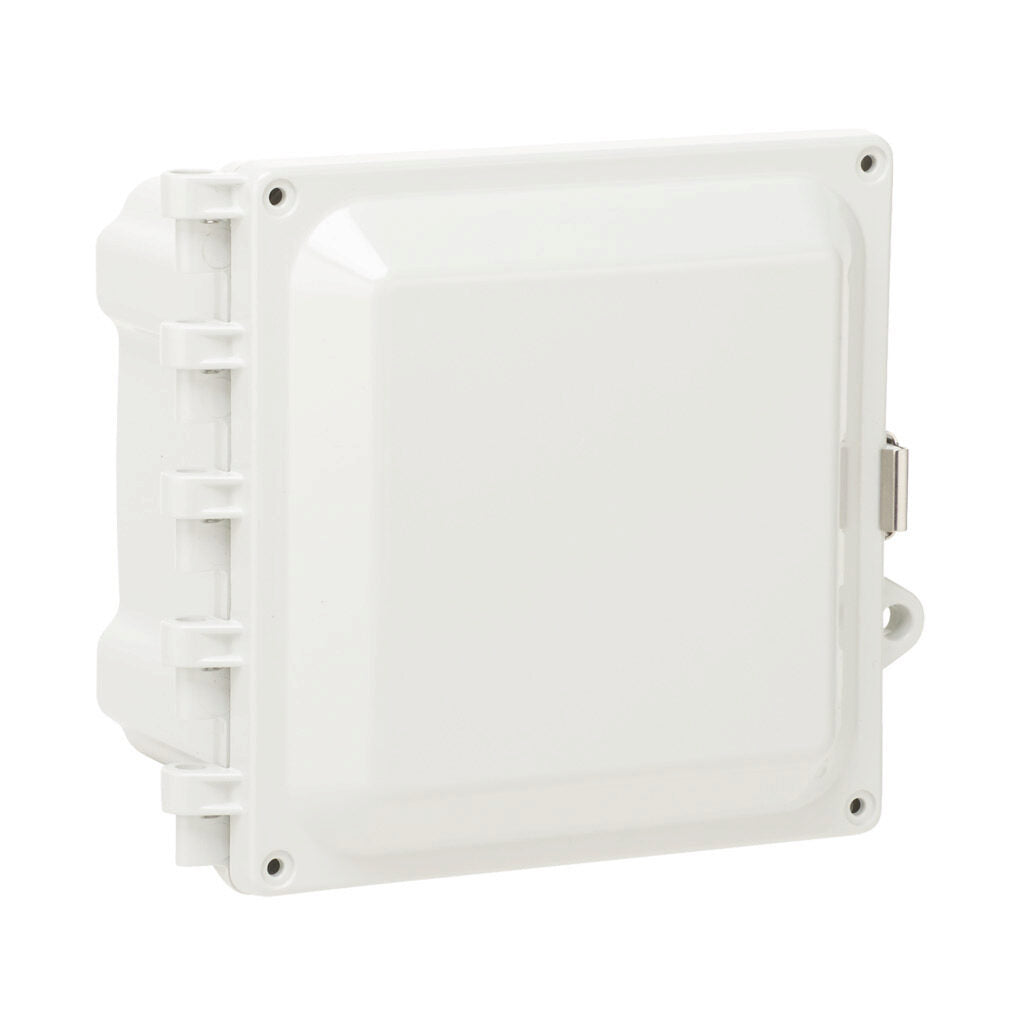AttaBox Heartland series enclosure, NEMA 1/3R/4/4X/12, 6 x 6 x 4in (HxWxD), wall mount, polycarbonate, Pantone 7541 C light gray, single-door, stainless steel quick-release latch.-AH664SS