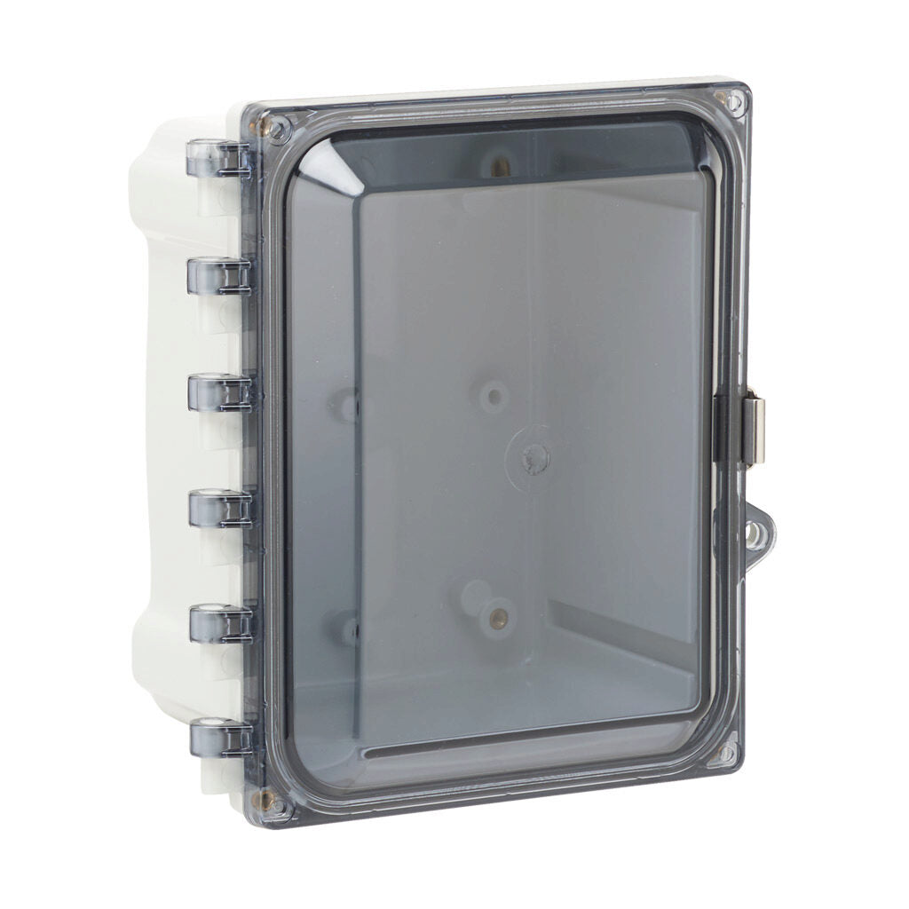 AttaBox Heartland series enclosure, NEMA 1/3R/4/4X/12, 8 x 6 x 4in (HxWxD), wall mount, polycarbonate, Pantone 7541 C light gray, smoked polycarbonate single-door, stainless steel quick-release latch.-AH864CSS