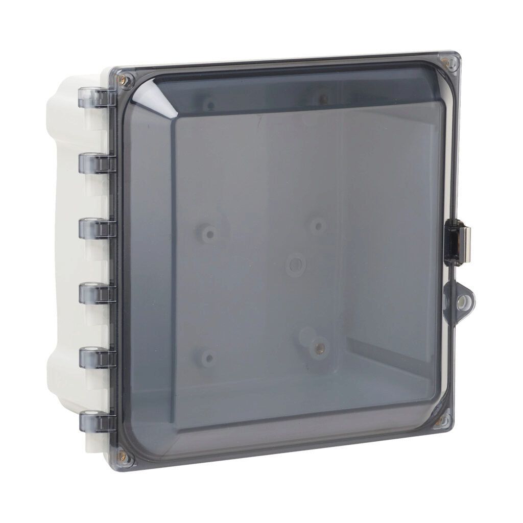 AttaBox Heartland series enclosure, NEMA 1/3R/4/4X/12, 8 x 8 x 4in (HxWxD), wall mount, polycarbonate, Pantone 7541 C light gray, smoked polycarbonate single-door, stainless steel quick-release latch.-AH884CSS