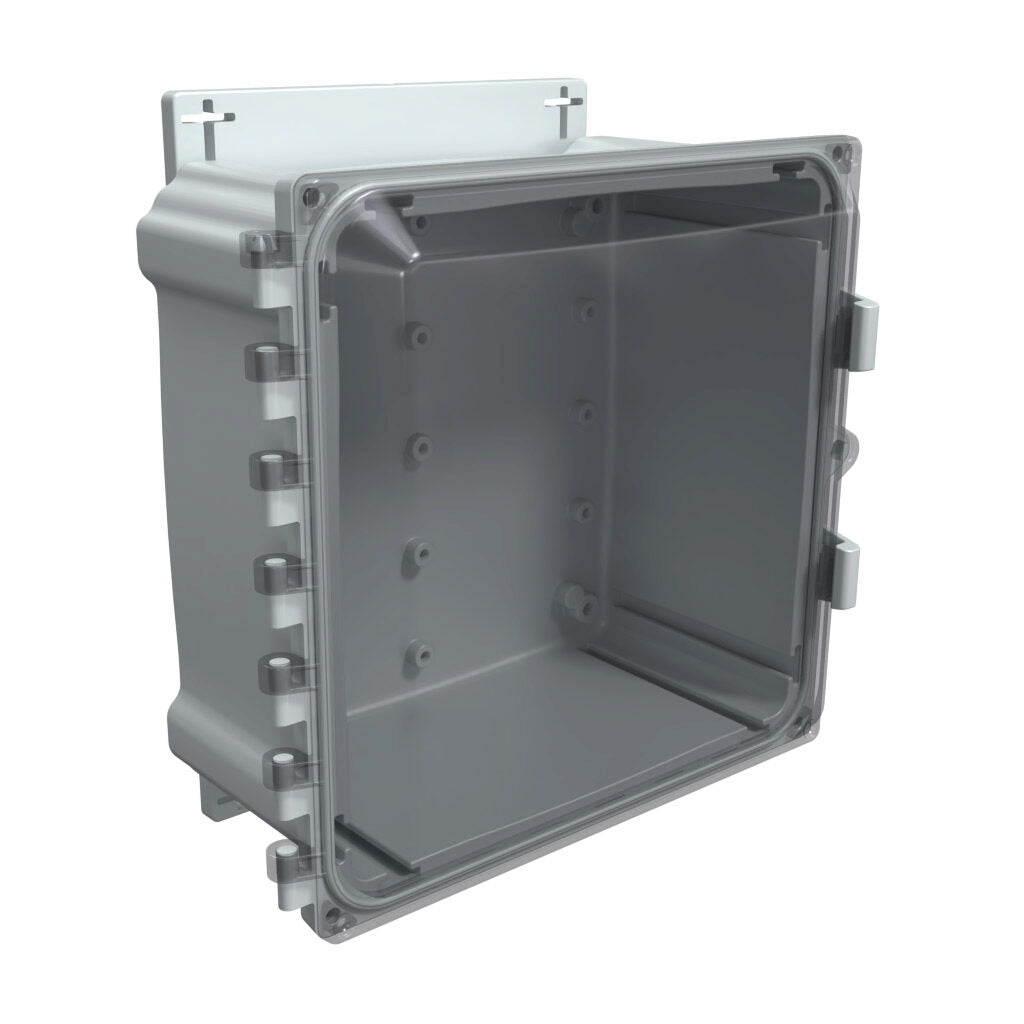 AttaBox Heartland series enclosure, NEMA 1/3R/4/4X/12, 10 x 10 x 6in (HxWxD), wall mount, polycarbonate, Pantone 7541 C light gray, smoked polycarbonate single-door, polycarbonate quick-release latch.-AHF10106C