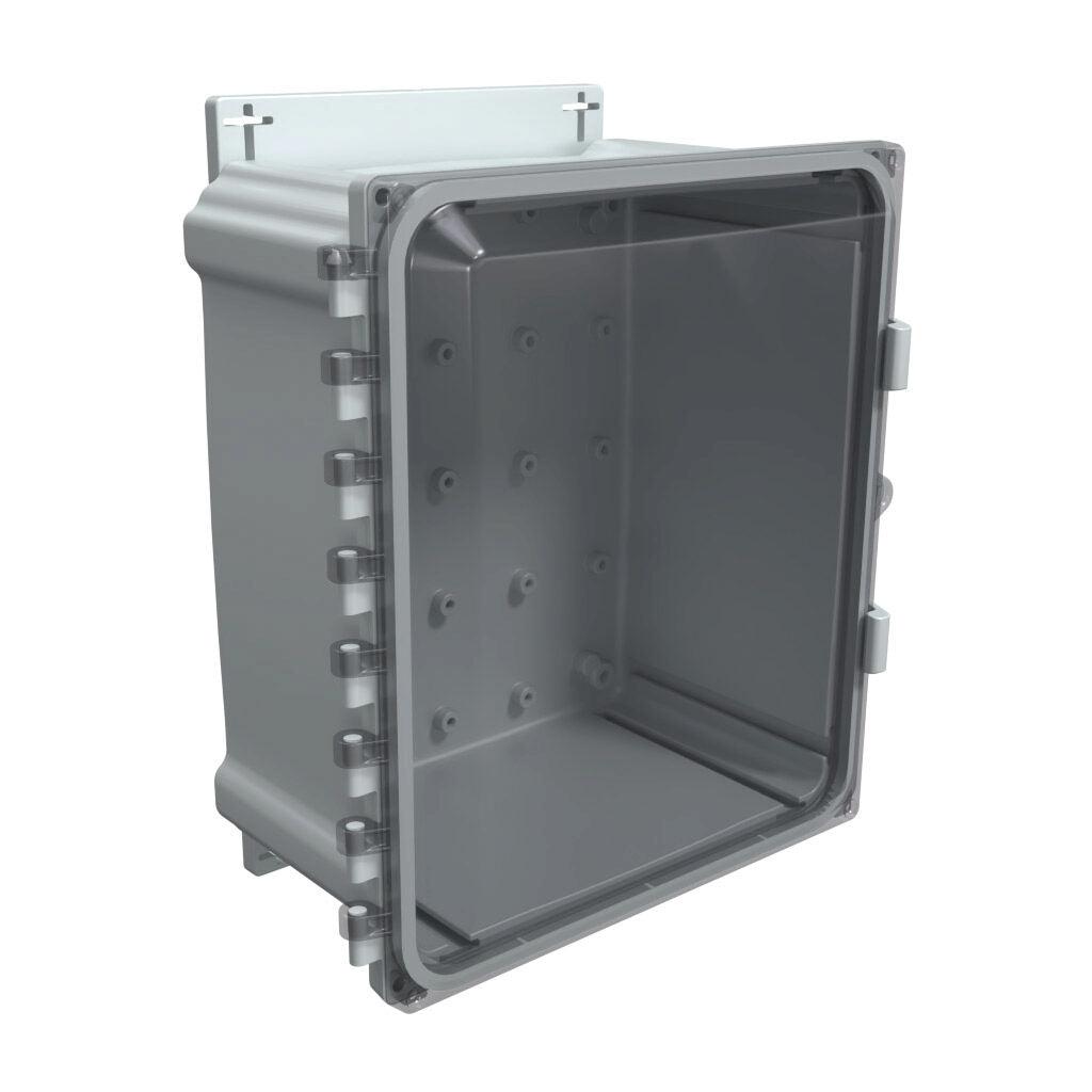 AttaBox Heartland series enclosure, NEMA 1/3R/4/4X/12, 12 x 10 x 6in (HxWxD), wall mount, polycarbonate, Pantone 7541 C light gray, smoked polycarbonate single-door, polycarbonate quick-release latch.-AHF12106C