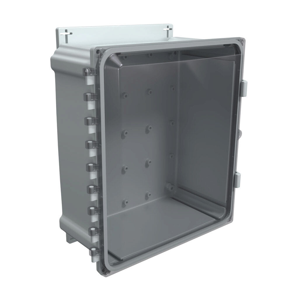 AttaBox Heartland series enclosure, NEMA 1/3R/4/4X/12, 14 x 12 x 6in (HxWxD), wall mount, polycarbonate, Pantone 7541 C light gray, smoked polycarbonate single-door, polycarbonate quick-release latch.-AHF14126C