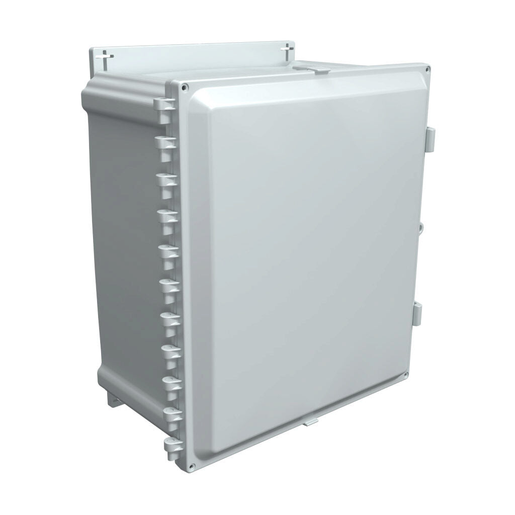 AttaBox Heartland series enclosure, NEMA 1/3R/4/4X/12, 16 x 14 x 8in (HxWxD), wall mount, polycarbonate, Pantone 7541 C light gray, single-door, polycarbonate quick-release latch.-AHF16148