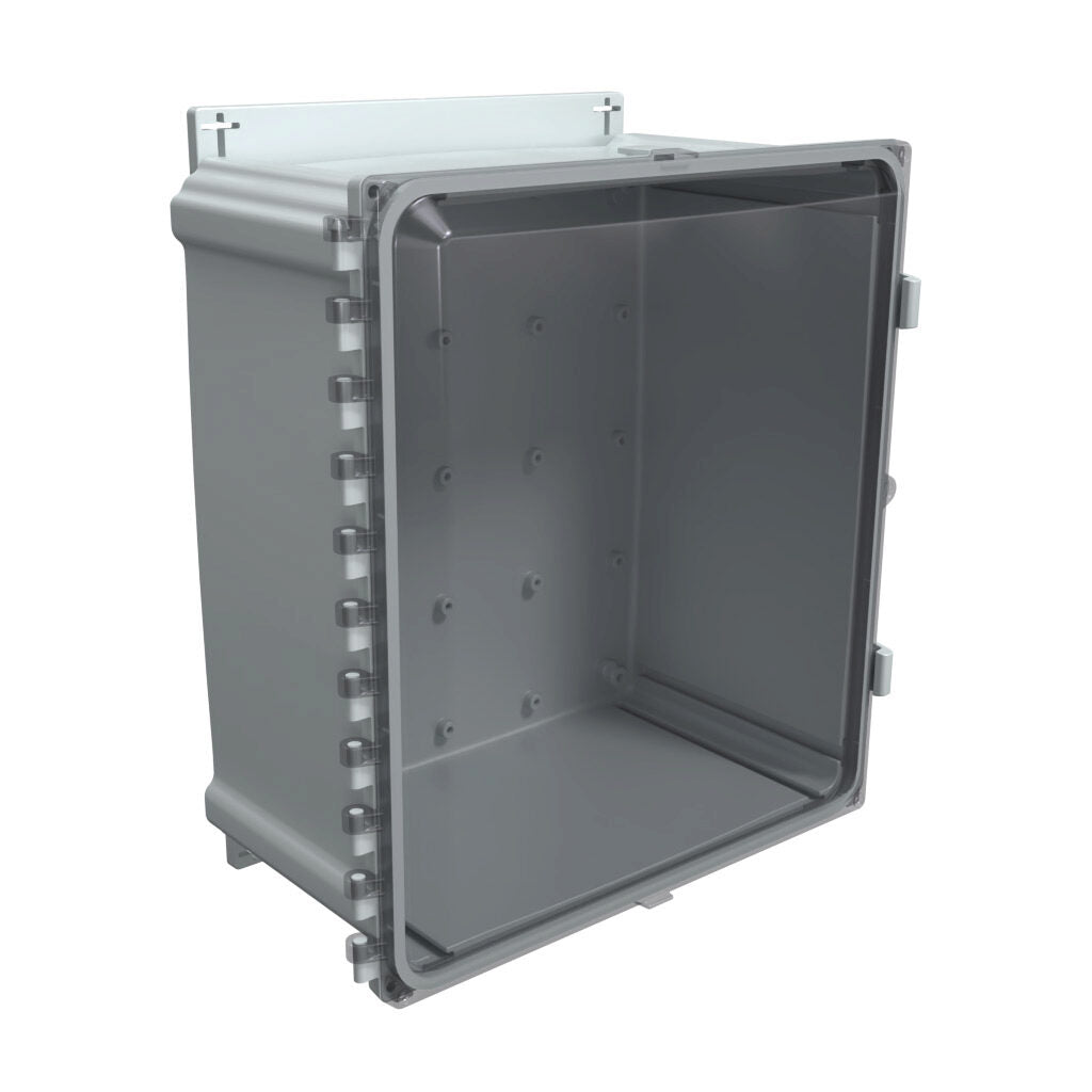 AttaBox Heartland series enclosure, NEMA 1/3R/4/4X/12, 16 x 14 x 8in (HxWxD), wall mount, polycarbonate, Pantone 7541 C light gray, smoked polycarbonate single-door, polycarbonate quick-release latch.-AHF16148C