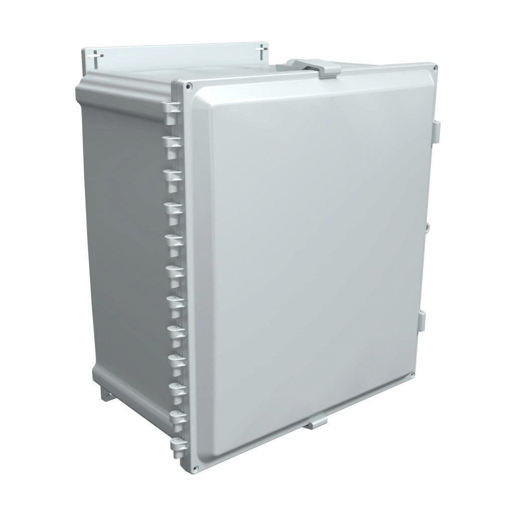 AttaBox Heartland series enclosure, NEMA 1/3R/4/4X/12, 18 x 16 x 10in (HxWxD), wall mount, polycarbonate, Pantone 7541 C light gray, single-door, polycarbonate quick-release latch.-AHF181610