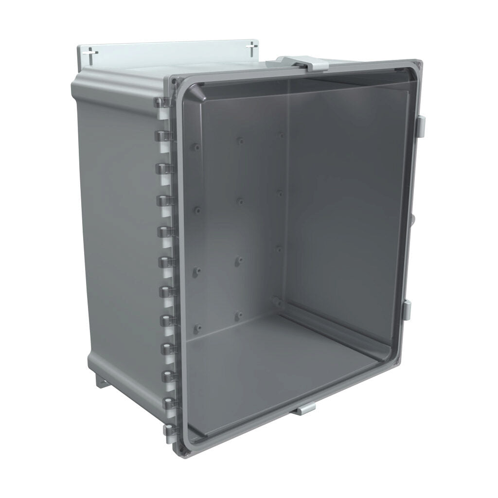 AttaBox Heartland series enclosure, NEMA 1/3R/4/4X/12, 18 x 16 x 10in (HxWxD), wall mount, polycarbonate, Pantone 7541 C light gray, smoked polycarbonate single-door, polycarbonate quick-release latch.-AHF181610C