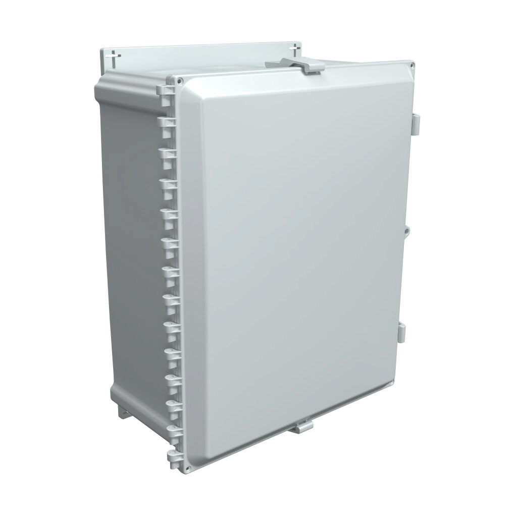AttaBox Heartland series enclosure, NEMA 1/3R/4/4X/12, 20 x 16 x 8in (HxWxD), wall mount, polycarbonate, Pantone 7541 C light gray, single-door, polycarbonate quick-release latch.-AHF20168