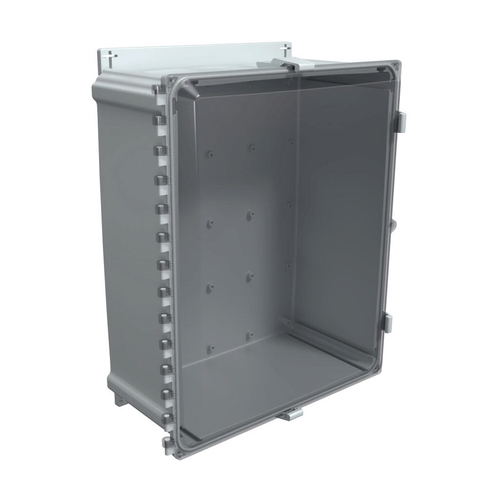 AttaBox Heartland series enclosure, NEMA 1/3R/4/4X/12, 20 x 16 x 8in (HxWxD), wall mount, polycarbonate, Pantone 7541 C light gray, smoked polycarbonate single-door, polycarbonate quick-release latch.-AHF20168C