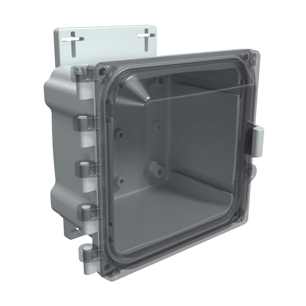 AttaBox Heartland series enclosure, NEMA 1/3R/4/4X/12, 6 x 6 x 4in (HxWxD), wall mount, polycarbonate, Pantone 7541 C light gray, smoked polycarbonate single-door, polycarbonate quick-release latch.-AHF664C