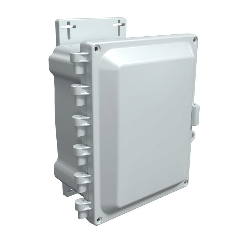 AttaBox Heartland series enclosure, NEMA 1/3R/4/4X/12, 8 x 6 x 4in (HxWxD), wall mount, polycarbonate, Pantone 7541 C light gray, single-door, polycarbonate quick-release latch.-AHF864