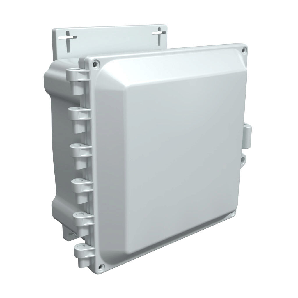 AttaBox Heartland series enclosure, NEMA 1/3R/4/4X/12, 8 x 8 x 4in (HxWxD), wall mount, polycarbonate, Pantone 7541 C light gray, single-door, polycarbonate quick-release latch.-AHF884