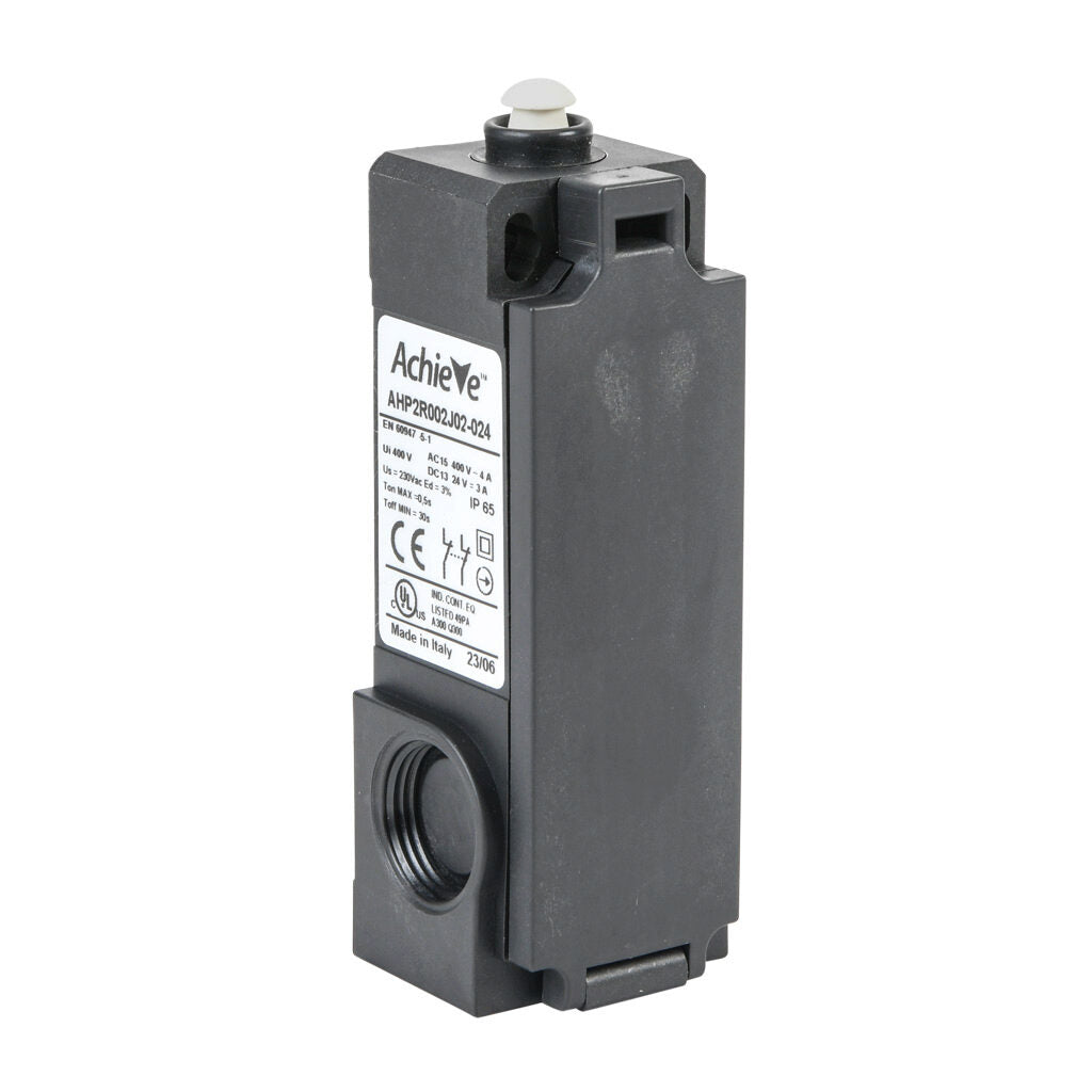 AchieVe IEC limit switch, plastic plunger, (2) N.C. contact(s), snap action, solenoid or manual reset, 20-22mm hole spacing, plastic, (2) PG11 and (1) 1/2in NPT cable entries.-AHP2R002J02-024