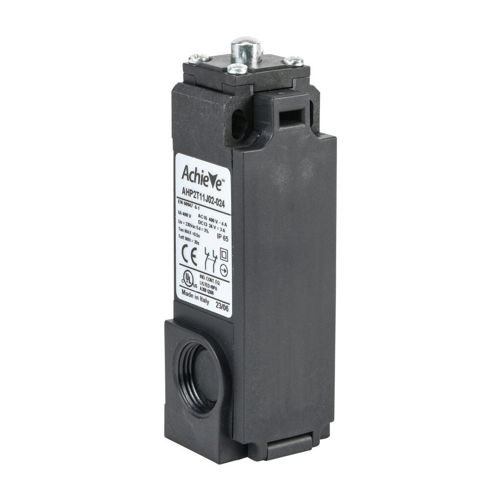 AchieVe IEC limit switch, metal plunger, 90-degree adjustable head, (2) N.C. contact(s), snap action, solenoid reset, 20-22mm hole spacing, plastic, (2) PG11 and (1) 1/2in NPT cable entries.-AHP2T11J02-024