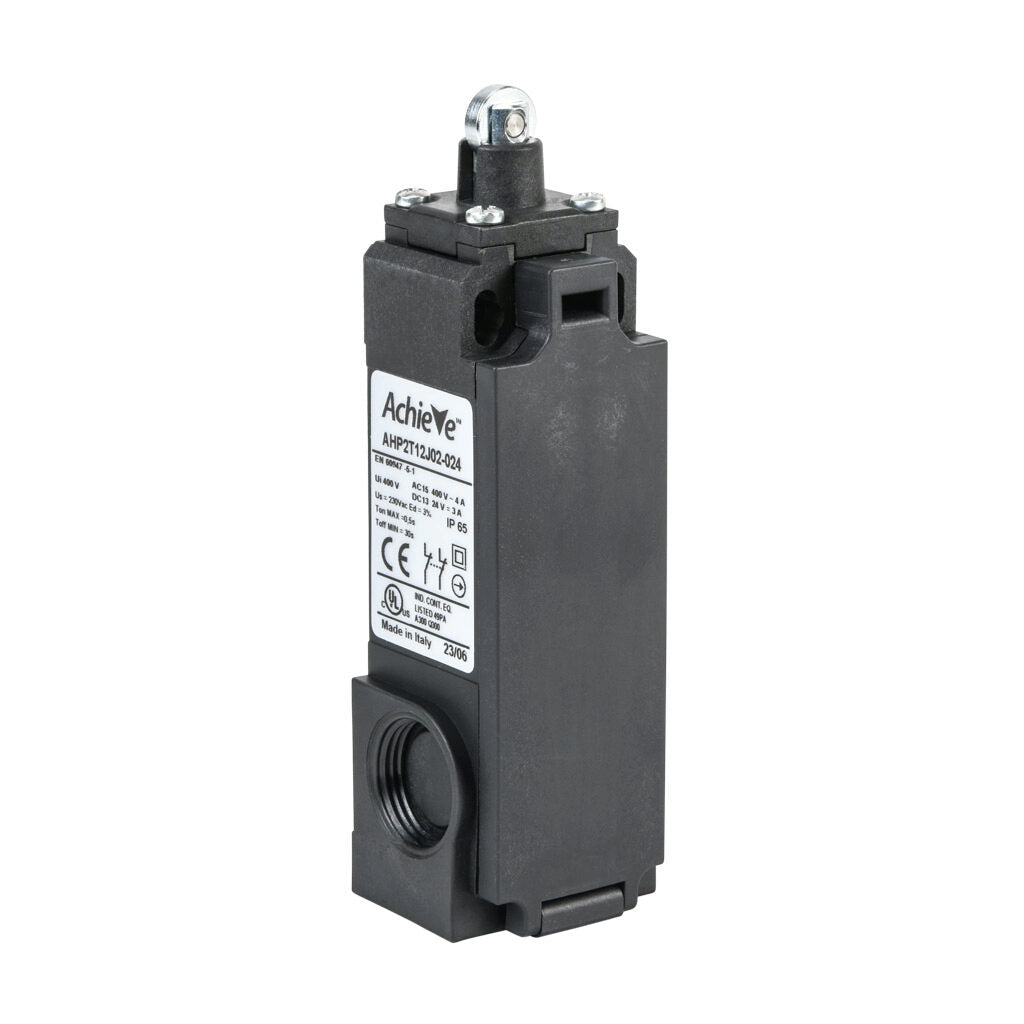 AchieVe IEC limit switch, metal plunger with metal roller, 90-degree adjustable head, (2) N.C. contact(s), snap action, solenoid reset, 20-22mm hole spacing, plastic, (2) PG11 and (1) 1/2in NPT cable entries.-AHP2T12J02-024