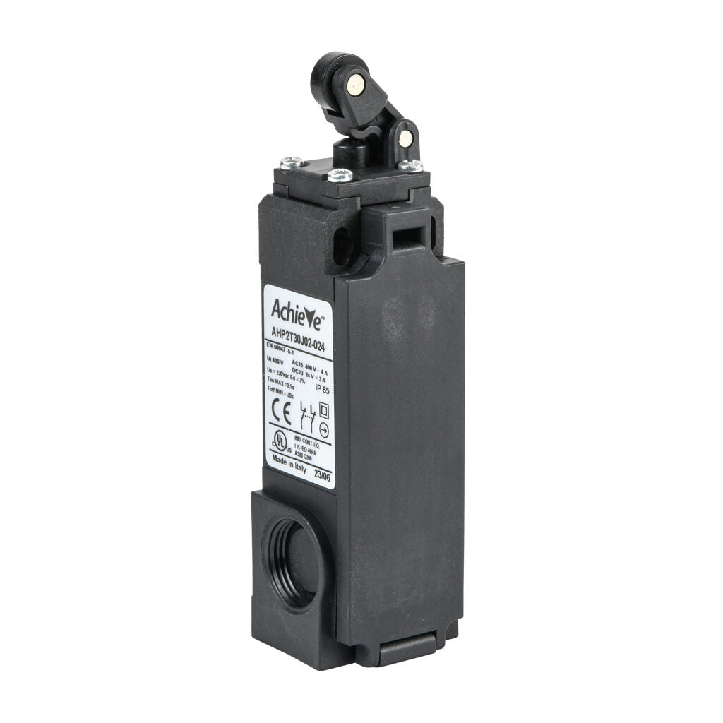 AchieVe IEC limit switch, one-way horizontal lever with 12.5mm plastic roller, 90-degree adjustable head, (2) N.C. contact(s), snap action, solenoid reset, 20-22mm hole spacing, plastic, (2) PG11 and (1) 1/2in NPT cable entries.-AHP2T30J02-024