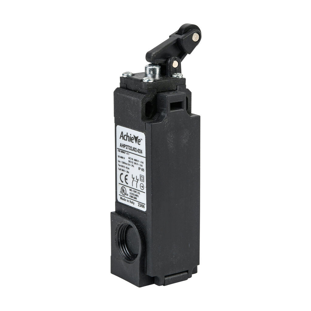 AchieVe IEC limit switch, one-way vertical lever with 12.5mm plastic roller, 90-degree adjustable head, (2) N.C. contact(s), snap action, solenoid reset, 20-22mm hole spacing, plastic, (2) PG11 and (1) 1/2in NPT cable entries.-AHP2T32J02-024