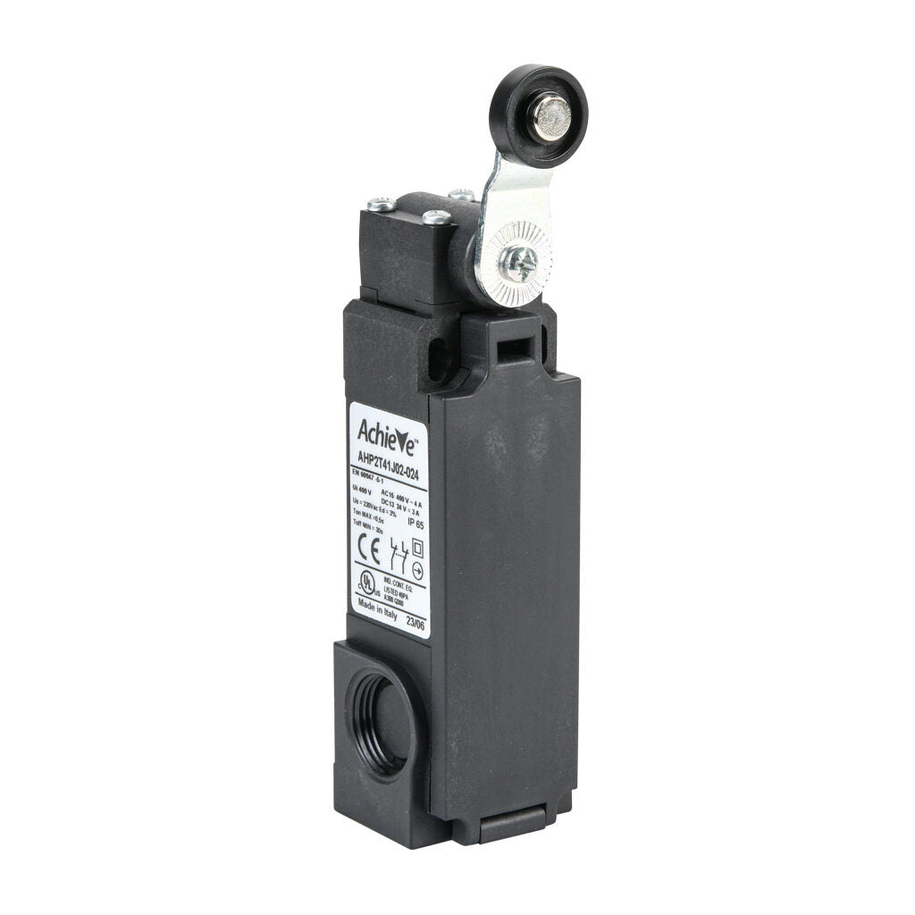 AchieVe IEC limit switch, side rotary lever with 18mm nylon roller, 90-degree adjustable head, (2) N.C. contact(s), snap action, solenoid reset, 20-22mm hole spacing, plastic, (2) PG11 and (1) 1/2in NPT cable entries.-AHP2T41J02-024