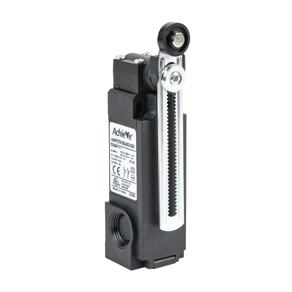 AchieVe IEC limit switch, side rotary 2mm step adjustable lever with 18mm nylon roller, 90-degree adjustable head, (2) N.C. contact(s), snap action, solenoid reset, 20-22mm hole spacing, plastic, (2) PG11 and (1) 1/2in NPT cable entries.-AHP2T5100J02-024