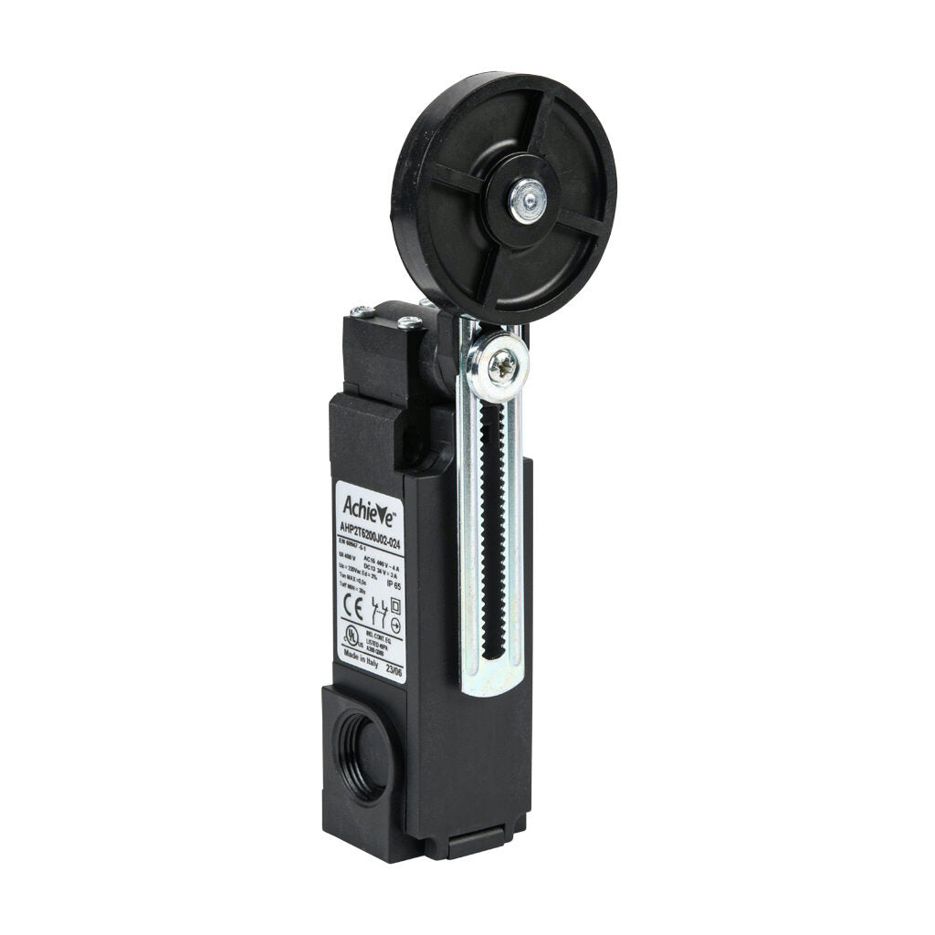AchieVe IEC limit switch, side rotary 2mm step adjustable lever with 50mm nylon roller, 90-degree adjustable head, (2) N.C. contact(s), snap action, solenoid reset, 20-22mm hole spacing, plastic, (2) PG11 and (1) 1/2in NPT cable entries.-AHP2T5200J02-024