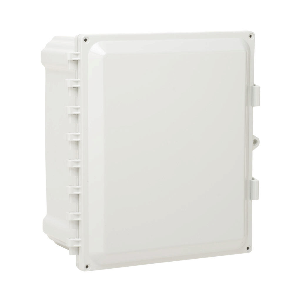 AttaBox Heartland series enclosure, with shelf, NEMA 1/3R/4/4X/12, 12 x 10 x 6in (HxWxD), wall mount, polycarbonate, Pantone 7541 C light gray, single-door, polycarbonate quick-release latch.-AHWD12106