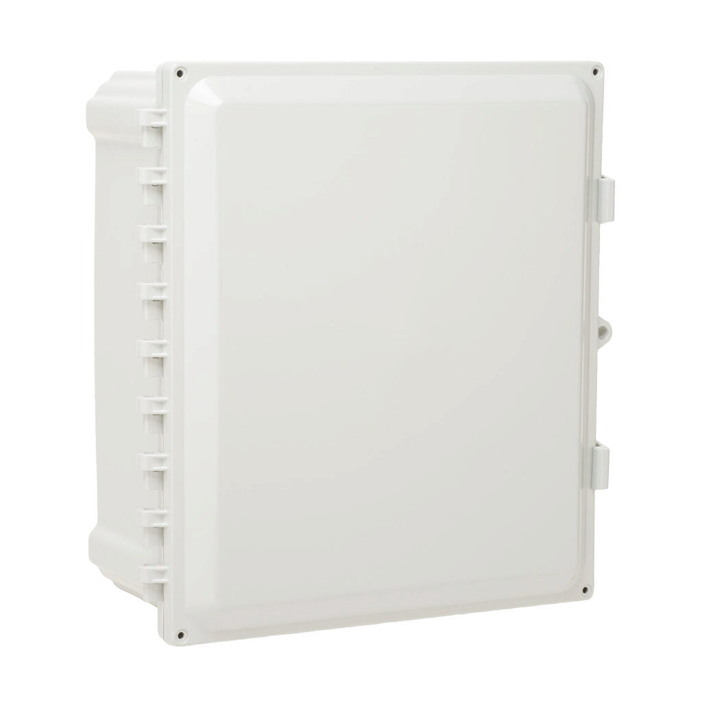 AttaBox Heartland series enclosure, with shelf, NEMA 1/3R/4/4X/12, 14 x 12 x 6in (HxWxD), wall mount, polycarbonate, Pantone 7541 C light gray, single-door, polycarbonate quick-release latch.-AHWD14126