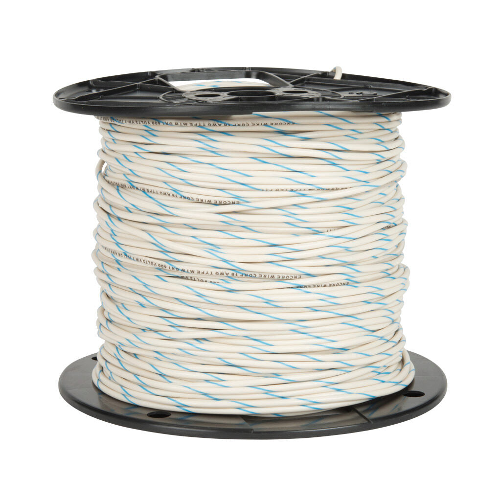Atlas Wire AWM hook-up wire, single conductor, 20 AWG, 10-stranded, tinned copper, PVC conductor insulation material, white with blue stripe, 300V, 500ft spool.-AWM20WB