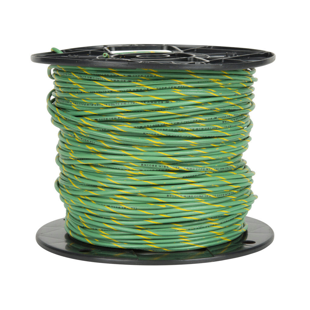 Atlas Wire AWM hook-up wire, single conductor, 22 AWG, 7-stranded, tinned copper, PVC conductor insulation material, green with yellow stripe, 300V, 1000ft spool.-AWM22GYL10