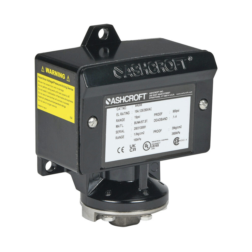 Ashcroft mechanical pressure switch, 2.25 to 15 psig set point, 0.1 to 0.35 psig deadband range, Buna-N sensing element, Buna-N seal(s), SPDT 15A, 1/4in female NPT process connection, 3/4in female NPT conduit opening.-B420B15