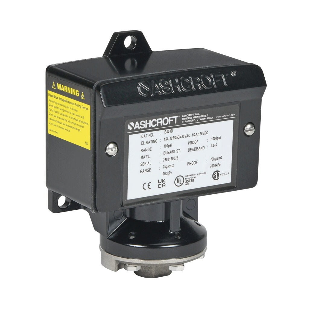 Ashcroft mechanical pressure switch, 15 to 100 psig set point, 1.5 to 5.0 psig deadband range, Buna-N sensing element, Buna-N seal(s), SPDT 15A, 1/4in female NPT process connection, 3/4in female NPT conduit opening.-B424B100