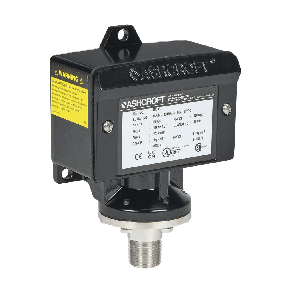 Ashcroft mechanical pressure switch, 150 to 1000 psig set point, 30 to 110 psig deadband range, Buna-N sensing element, Buna-N seal(s), SPDT 15A, 1/2in male NPT or 1/4in female NPT process connection, 3/4in female NPT conduit opening.-B424B1000