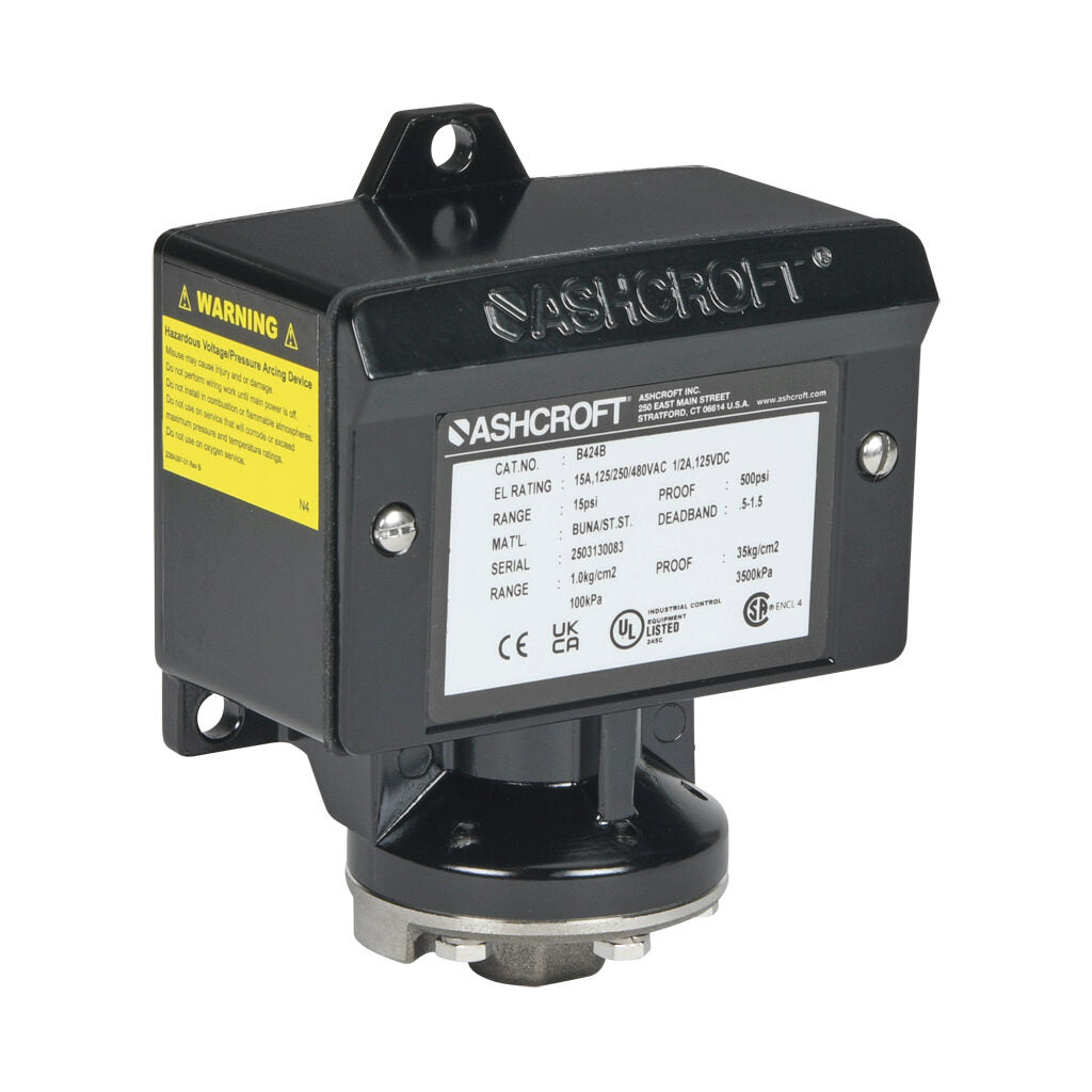 Ashcroft mechanical pressure switch, 2.25 to 15 psig set point, 0.5 to 1.5 psig deadband range, Buna-N sensing element, Buna-N seal(s), SPDT 15A, 1/4in female NPT process connection, 3/4in female NPT conduit opening.-B424B15