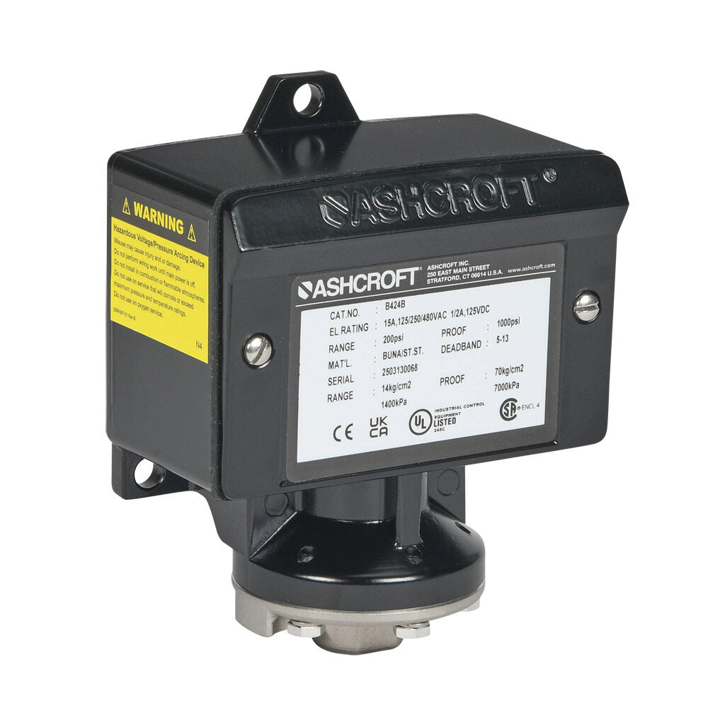 Ashcroft mechanical pressure switch, 30 to 200 psig set point, 5 to 13 psig deadband range, Buna-N sensing element, Buna-N seal(s), SPDT 15A, 1/4in female NPT process connection, 3/4in female NPT conduit opening.-B424B200