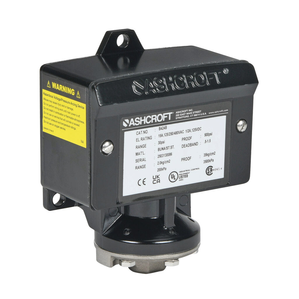 Ashcroft mechanical pressure switch, 4.5 to 30 psig set point, 0.5 to 1.5 psig deadband range, Buna-N sensing element, Buna-N seal(s), SPDT 15A, 1/4in female NPT process connection, 3/4in female NPT conduit opening.-B424B30