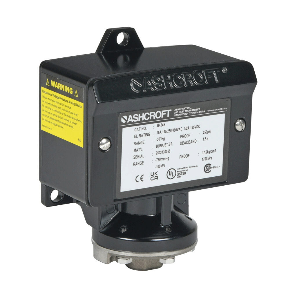 Ashcroft mechanical pressure switch, -30 to -4.5in Hg vacuum set point, 1.5 to 4.0in Hg deadband range, Buna-N sensing element, Buna-N seal(s), SPDT 15A, 1/4in female NPT process connection, 3/4in female NPT conduit opening.-B424B30IMV