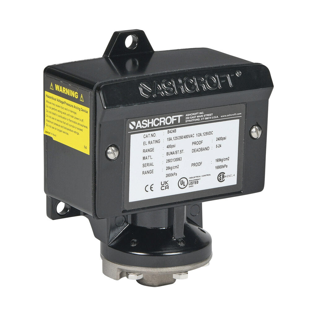 Ashcroft mechanical pressure switch, 60 to 400 psig set point, 5 to 24 psig deadband range, Buna-N sensing element, Buna-N seal(s), SPDT 15A, 1/4in female NPT process connection, 3/4in female NPT conduit opening.-B424B400