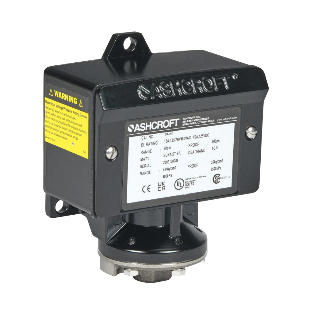 Ashcroft mechanical pressure switch, 9 to 60 psig set point, 1.0 to 3.5 psig deadband range, Buna-N sensing element, Buna-N seal(s), SPDT 15A, 1/4in female NPT process connection, 3/4in female NPT conduit opening.-B424B60