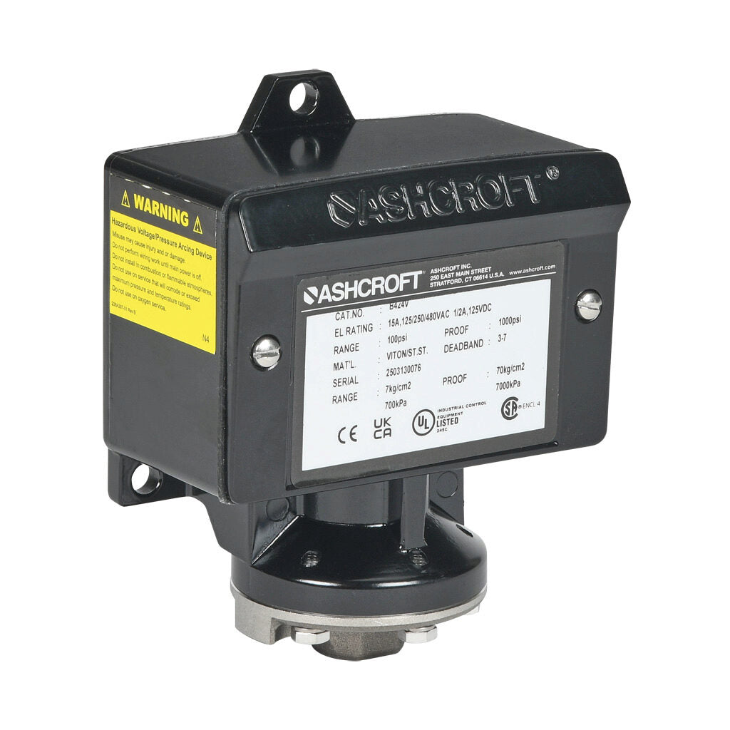 Ashcroft mechanical pressure switch, 15 to 100 psig set point, 2.1 to 7.0 psig deadband range, Viton sensing element, Viton seal(s), SPDT 15A, 1/4in female NPT process connection, 3/4in female NPT conduit opening.-B424V100