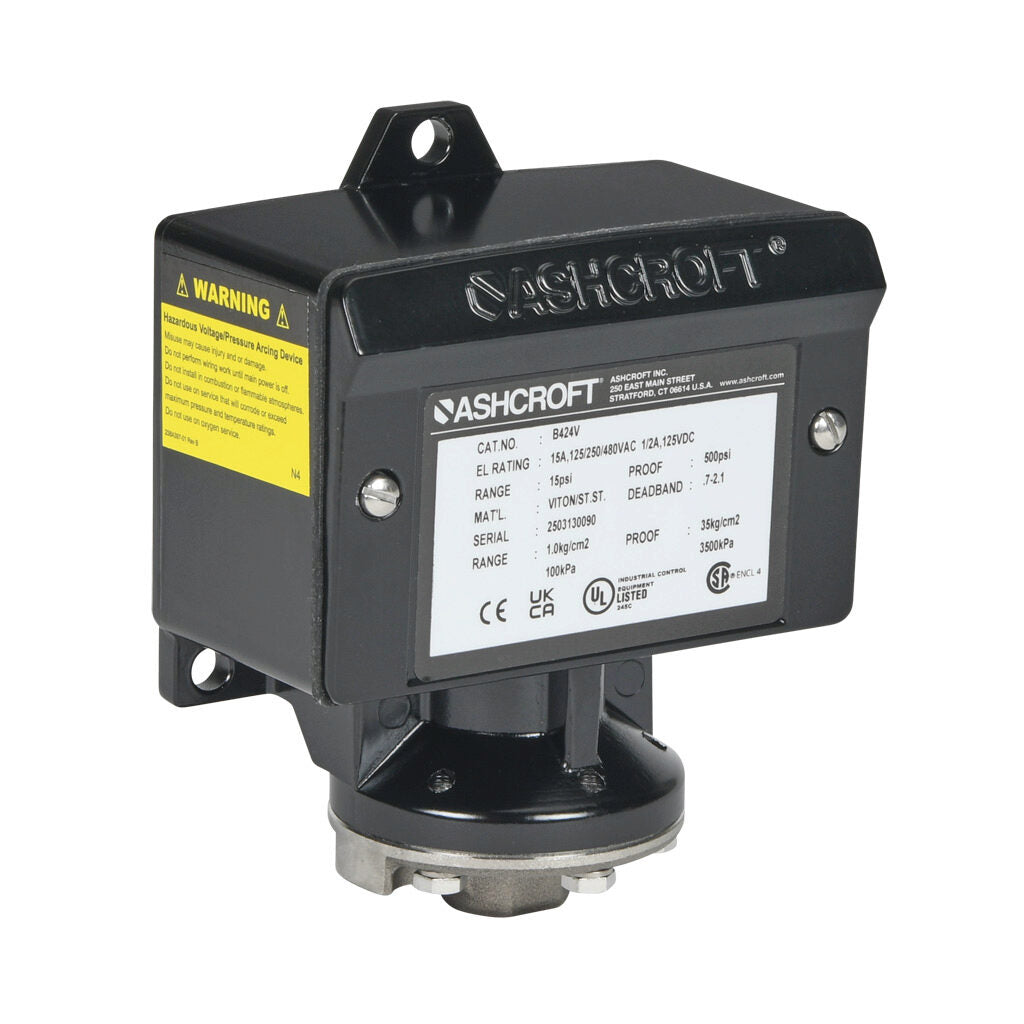 Ashcroft mechanical pressure switch, 2.25 to 15 psig set point, 0.7 to 2.1 psig deadband range, Viton sensing element, Viton seal(s), SPDT 15A, 1/4in female NPT process connection, 3/4in female NPT conduit opening.-B424V15