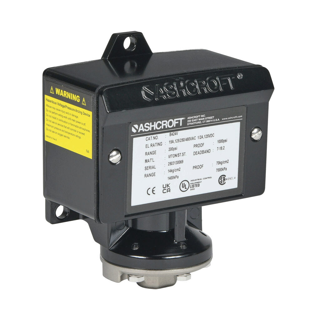 Ashcroft mechanical pressure switch, 30 to 200 psig set point, 7.0 to 18.2 psig deadband range, Viton sensing element, Viton seal(s), SPDT 15A, 1/4in female NPT process connection, 3/4in female NPT conduit opening.-B424V200